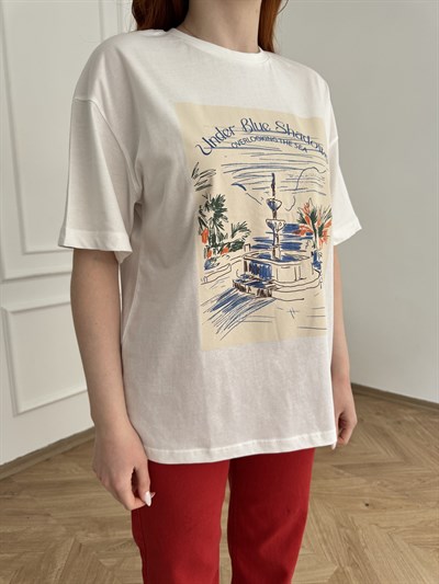 Under Blue Shadows Baskı T-shirt Ekru