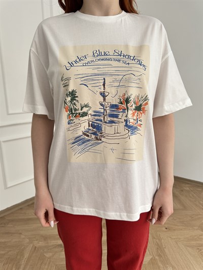 Under Blue Shadows Baskı T-shirt Ekru