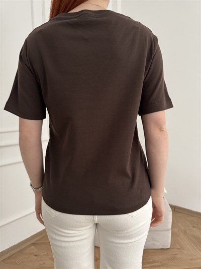 V Yaka Basic T-shirt Acı kahve