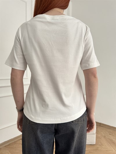 V Yaka Basic T-shirt Ekru