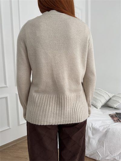 V Yaka Beli Ribana Görünümlü Hırka Taş