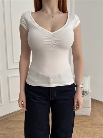 V Yaka Büzgülü T-shirt Ekru