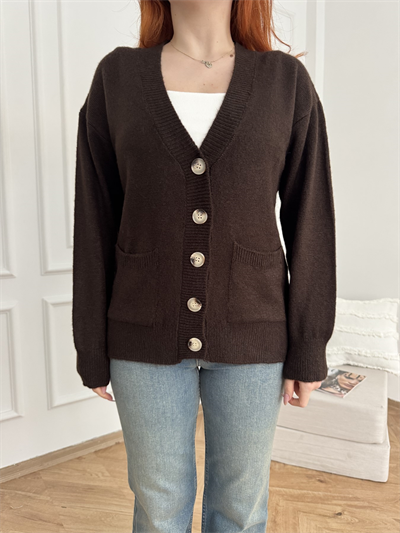 V Yaka Cepli Oversize Hırka Acı kahve