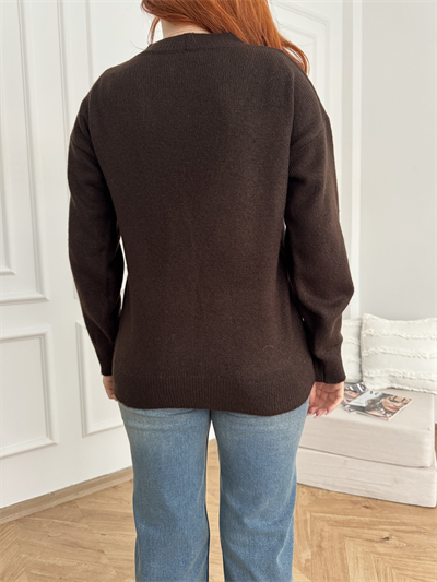 V Yaka Cepli Oversize Hırka Acı kahve