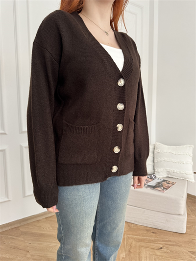 V Yaka Cepli Oversize Hırka Acı kahve