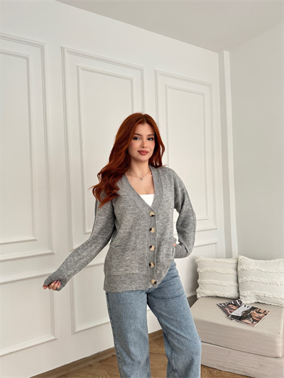 V Yaka Cepli Oversize Hırka Açık gri