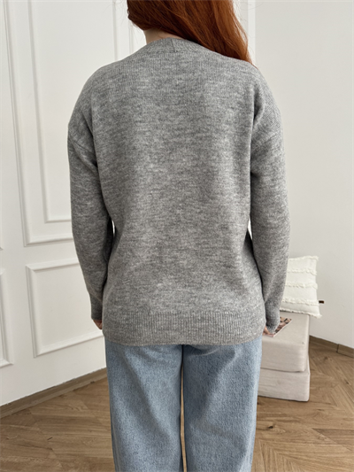 V Yaka Cepli Oversize Hırka Açık gri