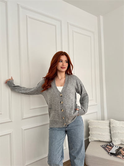 V Yaka Cepli Oversize Hırka Açık gri