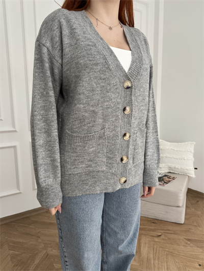 V Yaka Cepli Oversize Hırka Açık gri