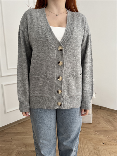 V Yaka Cepli Oversize Hırka Açık gri