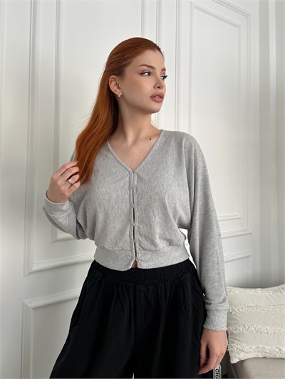 V Yaka Crop Yarasa Kol Hırka Gri melanj