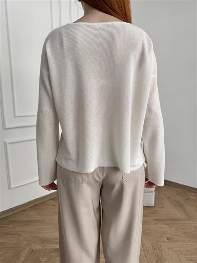 V Yaka Dökümlü Hafif Triko Ekru