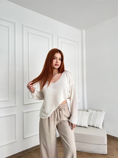 V Yaka Dökümlü Hafif Triko Ekru