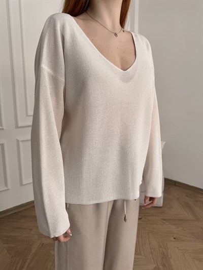 V Yaka Dökümlü Hafif Triko Ekru