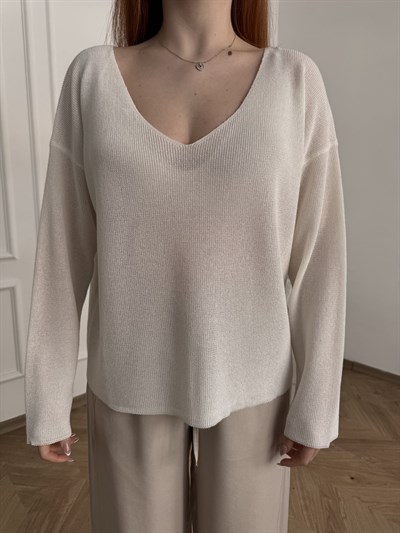 V Yaka Dökümlü Hafif Triko Ekru