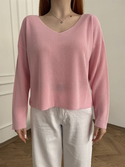 V Yaka Dökümlü Hafif Triko Toz pembe