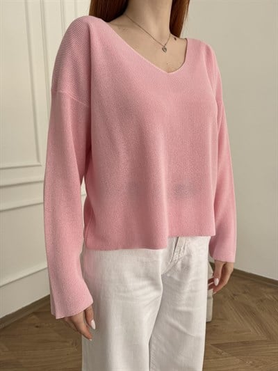 V Yaka Dökümlü Hafif Triko Toz pembe