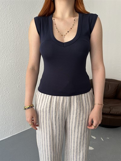 V Yaka Kolsuz Tişört Lacivert