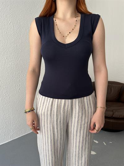 V Yaka Kolsuz Tişört Lacivert