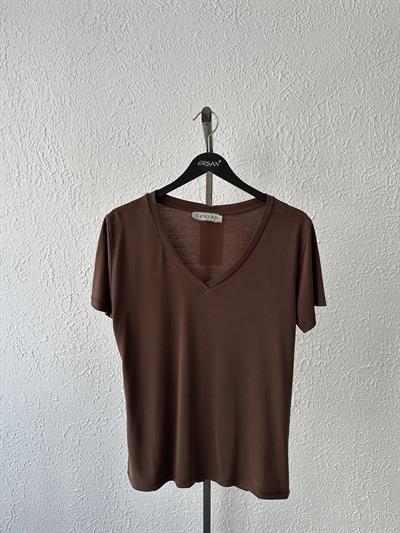 V Yaka Oversize Tişört Kahve