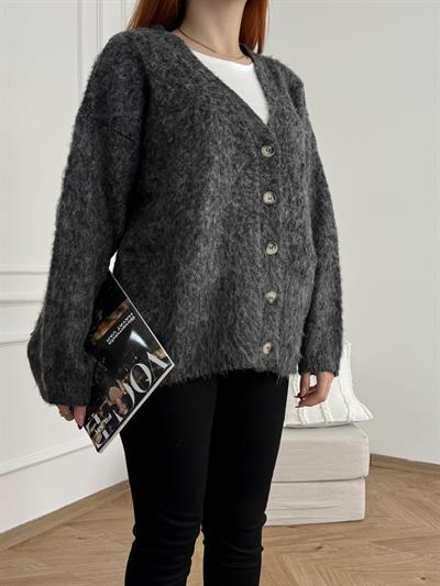 V Yaka Şardonlu Hırka Antrasit