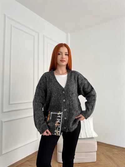 V Yaka Şardonlu Hırka Antrasit