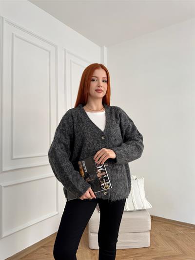 V Yaka Şardonlu Hırka Antrasit