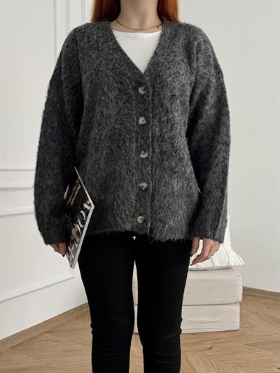 V Yaka Şardonlu Hırka Antrasit