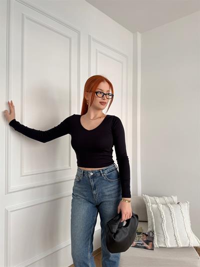 V Yaka Uzun Kol Body Siyah