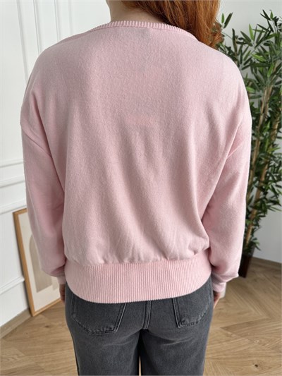 V Yaka Uzun Kol Yumoş Bluz Toz pembe
