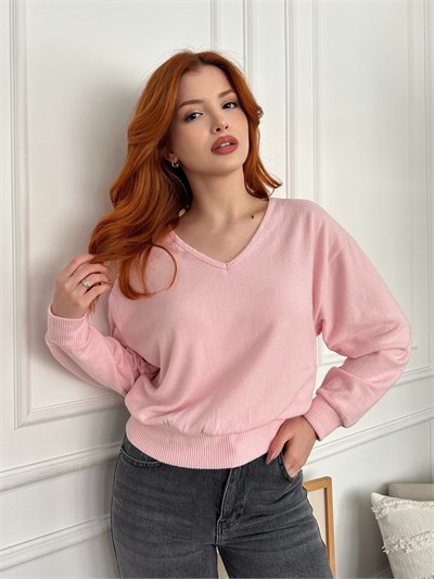 V Yaka Uzun Kol Yumoş Bluz Toz pembe