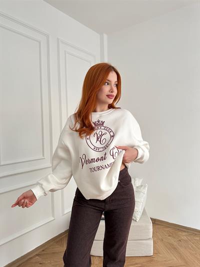 Vermont Club Nakışlı Sweatshirt Ekru