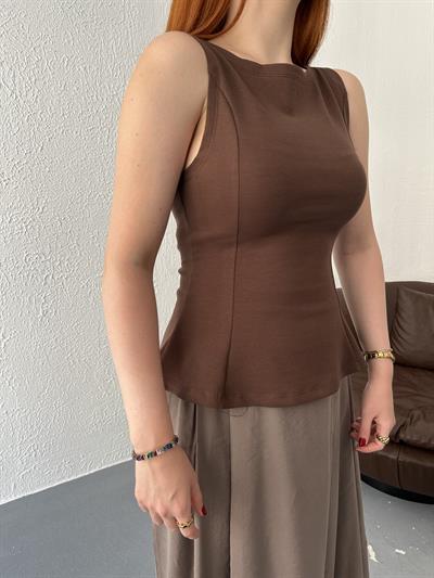 Volanlı Kolsuz Bluz Açık kahve