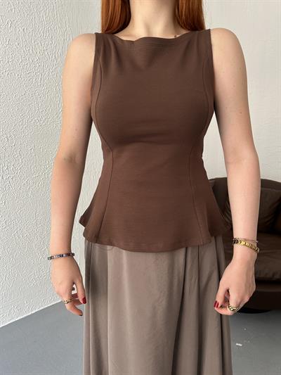 Volanlı Kolsuz Bluz Açık kahve