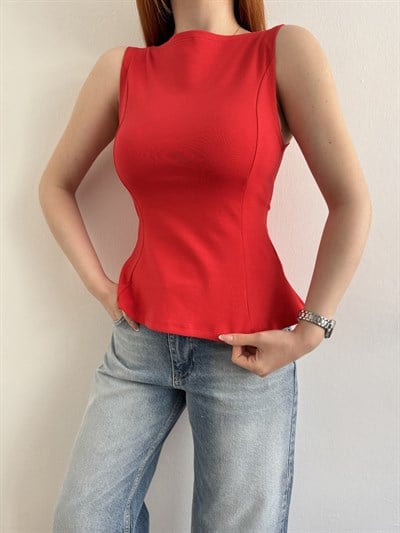 Volanlı Kolsuz Bluz Kırmızı
