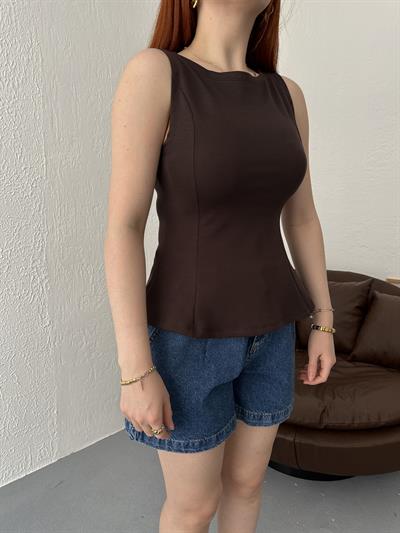 Volanlı Kolsuz Bluz Koyu kahve