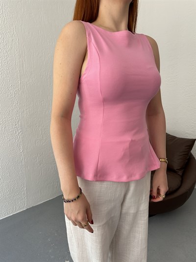 Volanlı Kolsuz Bluz Pembe