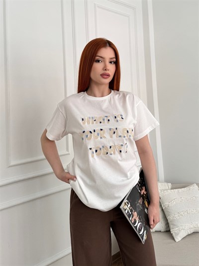 What Is Your Plan Today? Nakışlı T-shirt Ekru