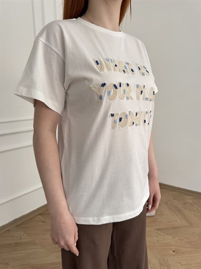 What Is Your Plan Today? Nakışlı T-shirt Ekru