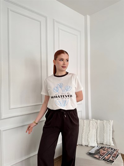 Whatever Baskılı Çiçek Nakışlı Tişört Ekru