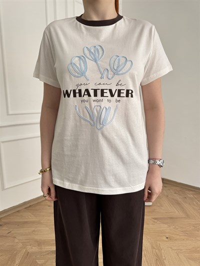 Whatever Baskılı Çiçek Nakışlı Tişört Ekru
