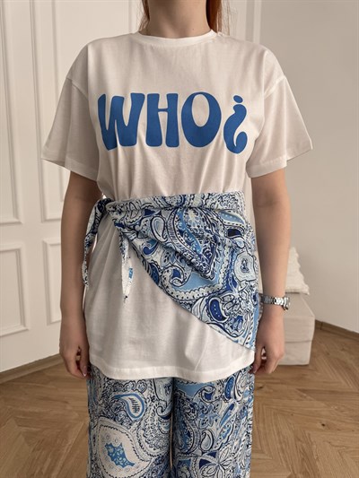 Who? Baskılı Şal Detaylı T-shirt Ekru