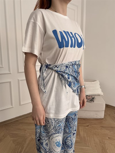 Who? Baskılı Şal Detaylı T-shirt Ekru