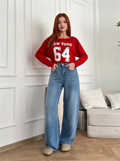 Wideleg Tencel Jean Pantolon Mavi