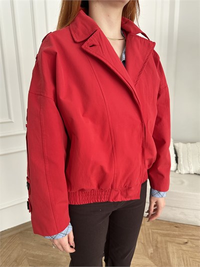 Yaka Apoletli Bomber Trençkot Kırmızı