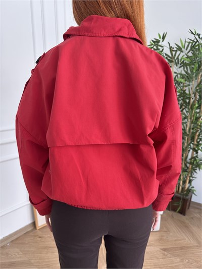 Yaka Apoletli Bomber Trençkot Kırmızı