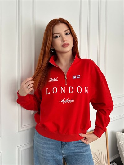 Yaka Fermuarlı London Sweatshırt Kırmızı