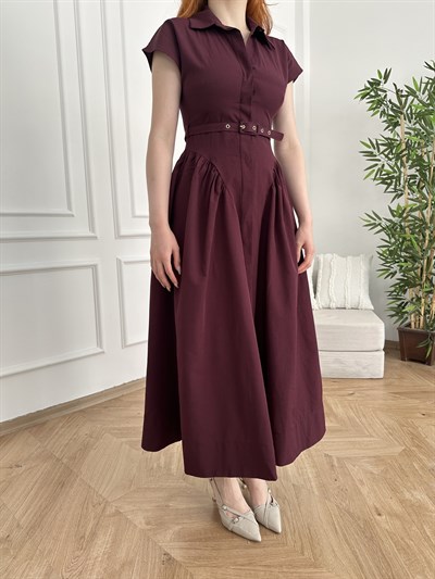 Yakalı Kolsuz Beli Kemerli Uzun Elbise Mor