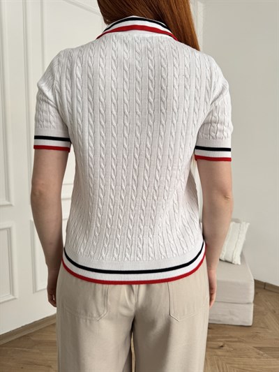 Yakalı Saç Örgü Şerit Detaylı Triko Beyaz