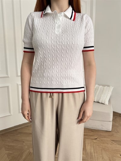 Yakalı Saç Örgü Şerit Detaylı Triko Beyaz